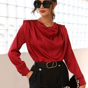 Draped Collar Shoulder Pads Satin Blouse